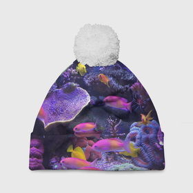 Шапка 3D c помпоном с принтом Коралловые рыбки в Кировске, 100% полиэстер | универсальный размер, печать по всей поверхности изделия | Тематика изображения на принте: дно морское | коралловые | кораллы | море | подводный мир | рыбки