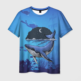 Мужская футболка 3D с принтом Синий кит в Тюмени, 100% полиэфир | прямой крой, круглый вырез горловины, длина до линии бедер | Тематика изображения на принте: дайверы | киты | корабль | море | океан