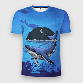 Мужская футболка 3D спортивная с принтом Синий кит в Тюмени, 100% полиэстер с улучшенными характеристиками | приталенный силуэт, круглая горловина, широкие плечи, сужается к линии бедра | Тематика изображения на принте: дайверы | киты | корабль | море | океан
