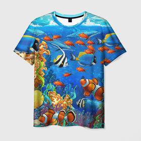 Мужская футболка 3D с принтом Коралловые рыбки в Курске, 100% полиэфир | прямой крой, круглый вырез горловины, длина до линии бедер | Тематика изображения на принте: дно морское | коралловые | кораллы | море | подводный мир | рыбки