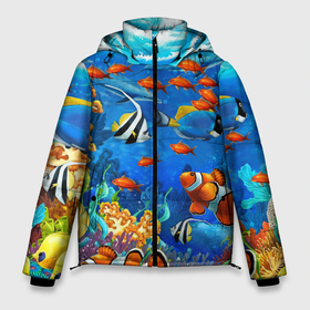 Мужская зимняя куртка 3D с принтом Коралловые рыбки в Кировске, верх — 100% полиэстер; подкладка — 100% полиэстер; утеплитель — 100% полиэстер | длина ниже бедра, свободный силуэт Оверсайз. Есть воротник-стойка, отстегивающийся капюшон и ветрозащитная планка. 

Боковые карманы с листочкой на кнопках и внутренний карман на молнии. | Тематика изображения на принте: дно морское | коралловые | кораллы | море | подводный мир | рыбки