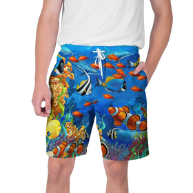 Мужские шорты 3D с принтом Коралловые рыбки ,  полиэстер 100% | прямой крой, два кармана без застежек по бокам. Мягкая трикотажная резинка на поясе, внутри которой широкие завязки. Длина чуть выше колен | дно морское | коралловые | кораллы | море | подводный мир | рыбки