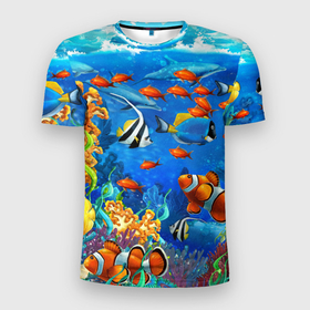 Мужская футболка 3D спортивная с принтом Коралловые рыбки , 100% полиэстер с улучшенными характеристиками | приталенный силуэт, круглая горловина, широкие плечи, сужается к линии бедра | Тематика изображения на принте: дно морское | коралловые | кораллы | море | подводный мир | рыбки
