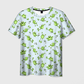 Мужская футболка 3D с принтом Веселые лягушки в Петрозаводске, 100% полиэфир | прямой крой, круглый вырез горловины, длина до линии бедер | веселая лягушка | лягушка | лягушки | ромашки