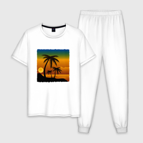 Мужская пижама хлопок с принтом ЗАКАТ в Тюмени, 100% хлопок | брюки и футболка прямого кроя, без карманов, на брюках мягкая резинка на поясе и по низу штанин
 | beach | ocean | palm trees | sea | summer | sun | sunset | vacation | закат | лето | море | океан | отдых | отпуск | пальмы | пляж | солнце