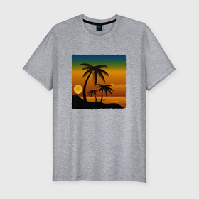 Мужская футболка хлопок Slim с принтом ЗАКАТ в Курске, 92% хлопок, 8% лайкра | приталенный силуэт, круглый вырез ворота, длина до линии бедра, короткий рукав | beach | ocean | palm trees | sea | summer | sun | sunset | vacation | закат | лето | море | океан | отдых | отпуск | пальмы | пляж | солнце