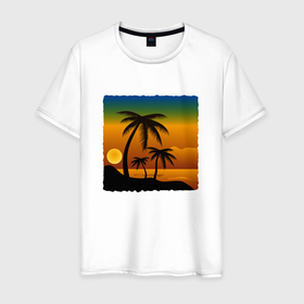 Мужская футболка хлопок с принтом ЗАКАТ в Санкт-Петербурге, 100% хлопок | прямой крой, круглый вырез горловины, длина до линии бедер, слегка спущенное плечо. | beach | ocean | palm trees | sea | summer | sun | sunset | vacation | закат | лето | море | океан | отдых | отпуск | пальмы | пляж | солнце
