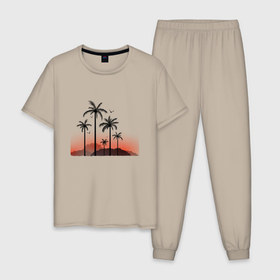 Мужская пижама хлопок с принтом palm tree в Екатеринбурге, 100% хлопок | брюки и футболка прямого кроя, без карманов, на брюках мягкая резинка на поясе и по низу штанин
 | beach | ocean | palm trees | sea | summer | sun | sunset | vacation | закат | лето | море | океан | отдых | отпуск | пальмы | пляж | солнце