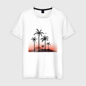 Мужская футболка хлопок с принтом palm tree в Белгороде, 100% хлопок | прямой крой, круглый вырез горловины, длина до линии бедер, слегка спущенное плечо. | beach | ocean | palm trees | sea | summer | sun | sunset | vacation | закат | лето | море | океан | отдых | отпуск | пальмы | пляж | солнце