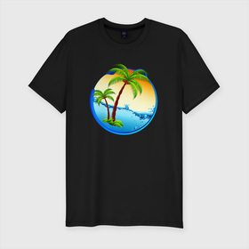 Мужская футболка хлопок Slim с принтом palm beach в Курске, 92% хлопок, 8% лайкра | приталенный силуэт, круглый вырез ворота, длина до линии бедра, короткий рукав | beach | ocean | palm trees | sea | summer | sun | sunset | vacation | закат | лето | море | океан | отдых | отпуск | пальмы | пляж | солнце