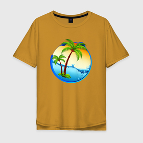 Мужская футболка хлопок Oversize с принтом palm beach в Тюмени, 100% хлопок | свободный крой, круглый ворот, “спинка” длиннее передней части | beach | ocean | palm trees | sea | summer | sun | sunset | vacation | закат | лето | море | океан | отдых | отпуск | пальмы | пляж | солнце