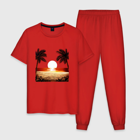 Мужская пижама хлопок с принтом beach в Белгороде, 100% хлопок | брюки и футболка прямого кроя, без карманов, на брюках мягкая резинка на поясе и по низу штанин
 | beach | ocean | palm trees | sea | summer | sun | sunset | vacation | закат | лето | море | океан | отдых | отпуск | пальмы | песок | пляж | солнце
