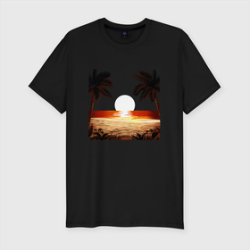 Мужская футболка хлопок Slim с принтом beach в Курске, 92% хлопок, 8% лайкра | приталенный силуэт, круглый вырез ворота, длина до линии бедра, короткий рукав | beach | ocean | palm trees | sea | summer | sun | sunset | vacation | закат | лето | море | океан | отдых | отпуск | пальмы | песок | пляж | солнце