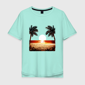Мужская футболка хлопок Oversize с принтом beach в Петрозаводске, 100% хлопок | свободный крой, круглый ворот, “спинка” длиннее передней части | beach | ocean | palm trees | sea | summer | sun | sunset | vacation | закат | лето | море | океан | отдых | отпуск | пальмы | песок | пляж | солнце