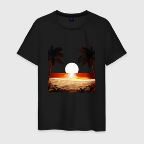 Мужская футболка хлопок с принтом beach в Белгороде, 100% хлопок | прямой крой, круглый вырез горловины, длина до линии бедер, слегка спущенное плечо. | beach | ocean | palm trees | sea | summer | sun | sunset | vacation | закат | лето | море | океан | отдых | отпуск | пальмы | песок | пляж | солнце