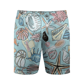 Мужские шорты спортивные с принтом Морские обитатели в Новосибирске,  |  | звезды | морские животные | морские обитатели | очки | пляжный отдых | ракушки | расческа | улитки