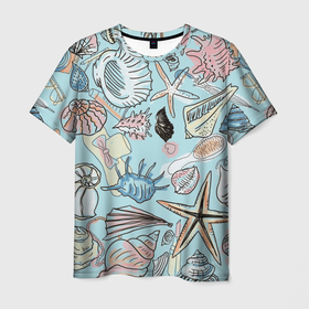 Мужская футболка 3D с принтом Морские обитатели в Курске, 100% полиэфир | прямой крой, круглый вырез горловины, длина до линии бедер | Тематика изображения на принте: звезды | морские животные | морские обитатели | очки | пляжный отдых | ракушки | расческа | улитки