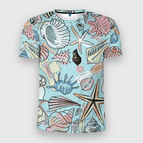 Мужская футболка 3D спортивная с принтом Морские обитатели в Тюмени, 100% полиэстер с улучшенными характеристиками | приталенный силуэт, круглая горловина, широкие плечи, сужается к линии бедра | звезды | морские животные | морские обитатели | очки | пляжный отдых | ракушки | расческа | улитки