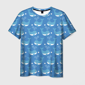 Мужская футболка 3D с принтом Киты паттерн в Тюмени, 100% полиэфир | прямой крой, круглый вырез горловины, длина до линии бедер | whale | бесшовный | кит | киты | море | океан | паттерн