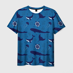 Мужская футболка 3D с принтом Подводный мир в Курске, 100% полиэфир | прямой крой, круглый вырез горловины, длина до линии бедер | whale | акулы | кит | киты | медуза | медузы | море | морские | океан | паттерн | подводный | скаты | черепаха | черепахами