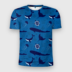 Мужская футболка 3D спортивная с принтом Подводный мир в Петрозаводске, 100% полиэстер с улучшенными характеристиками | приталенный силуэт, круглая горловина, широкие плечи, сужается к линии бедра | Тематика изображения на принте: whale | акулы | кит | киты | медуза | медузы | море | морские | океан | паттерн | подводный | скаты | черепаха | черепахами