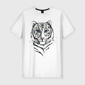 Мужская футболка хлопок Slim с принтом Белый тигр , 92% хлопок, 8% лайкра | приталенный силуэт, круглый вырез ворота, длина до линии бедра, короткий рукав | альфа | белый | дикие | дикий | животные | звери | зверь | кот | котик | крутой | полоски | принт | природа | самец | тигр | тигриныйкрасивый