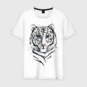 Мужская футболка хлопок с принтом Белый тигр в Екатеринбурге, 100% хлопок | прямой крой, круглый вырез горловины, длина до линии бедер, слегка спущенное плечо. | альфа | белый | дикие | дикий | животные | звери | зверь | кот | котик | крутой | полоски | принт | природа | самец | тигр | тигриныйкрасивый