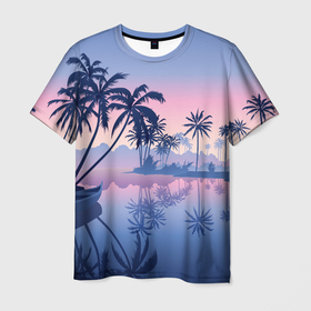 Мужская футболка 3D с принтом Тихая заводь в Курске, 100% полиэфир | прямой крой, круглый вырез горловины, длина до линии бедер | summer | вечер | заводь | лето | отдых | пальмы | тихая