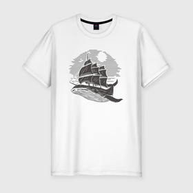 Мужская футболка хлопок Slim с принтом КИТ ФРЕГАТ WHALE FRIGATE (Z) в Курске, 92% хлопок, 8% лайкра | приталенный силуэт, круглый вырез ворота, длина до линии бедра, короткий рукав | boat | frigate | mastodon | rorqual | sailboat | ship | ships | whale | бумага | кит | китовый | кораблик | кораблики | корабль | левиафан | лодка | мастак | мастодонт | мореход | одинокая лодка | парусник | столп | судно | фрегат