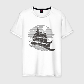 Мужская футболка хлопок с принтом КИТ ФРЕГАТ WHALE FRIGATE (Z) в Курске, 100% хлопок | прямой крой, круглый вырез горловины, длина до линии бедер, слегка спущенное плечо. | Тематика изображения на принте: boat | frigate | mastodon | rorqual | sailboat | ship | ships | whale | бумага | кит | китовый | кораблик | кораблики | корабль | левиафан | лодка | мастак | мастодонт | мореход | одинокая лодка | парусник | столп | судно | фрегат