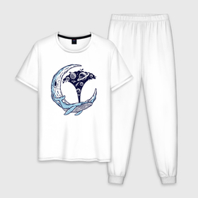 Мужская пижама хлопок с принтом ЛУННЫЙ КИТ | MOON WHALE (Z) , 100% хлопок | брюки и футболка прямого кроя, без карманов, на брюках мягкая резинка на поясе и по низу штанин
 | Тематика изображения на принте: mastodon | moon | rorqual | space | star | whale | абстракция | арт | кит | китовый | космос | левиафан | мастак | мастодонт | планеты | столп