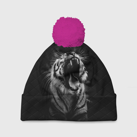 Шапка 3D c помпоном с принтом Тигр рычит Tiger realistic в Екатеринбурге, 100% полиэстер | универсальный размер, печать по всей поверхности изделия | furry | low poly | tiger | восточный тигр | год тигра | голова | кошка | лоу поли | тигр | тигренок | фурри | хищник