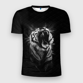 Мужская футболка 3D Slim с принтом Тигр рычит | Tiger realistic в Санкт-Петербурге, 100% полиэстер с улучшенными характеристиками | приталенный силуэт, круглая горловина, широкие плечи, сужается к линии бедра | Тематика изображения на принте: furry | low poly | tiger | восточный тигр | год тигра | голова | кошка | лоу поли | тигр | тигренок | фурри | хищник