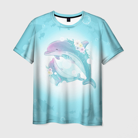 Мужская футболка 3D с принтом Два дельфина , 100% полиэфир | прямой крой, круглый вырез горловины, длина до линии бедер | cute | dolphin | два дельфина | дельфин | дельфин в море | дельфинами | милый | мир | подводный