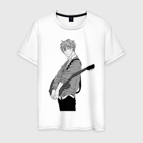 Мужская футболка хлопок с принтом Сато Мафую с гитарой чб в Тюмени, 100% хлопок | прямой крой, круглый вырез горловины, длина до линии бедер, слегка спущенное плечо. | given | аниме | гитара | гитарист | дарованный | мафую | музыкант | певец | сато | сенен ай
