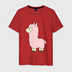 Мужская футболка хлопок с принтом Розовая Лама в Курске, 100% хлопок | прямой крой, круглый вырез горловины, длина до линии бедер, слегка спущенное плечо. | Тематика изображения на принте: альпака | лама | милота | милый | пижама | розовый | сон | уют