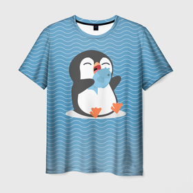 Мужская футболка 3D с принтом Пингвин в Курске, 100% полиэфир | прямой крой, круглый вырез горловины, длина до линии бедер | ест рыбу | морские | океан | пингвин | пингвинчик | рыба | рыбку