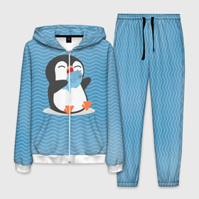 Мужской костюм 3D с принтом Пингвин в Санкт-Петербурге, 100% полиэстер | Манжеты и пояс оформлены тканевой резинкой, двухслойный капюшон со шнурком для регулировки, карманы спереди | Тематика изображения на принте: ест рыбу | морские | океан | пингвин | пингвинчик | рыба | рыбку