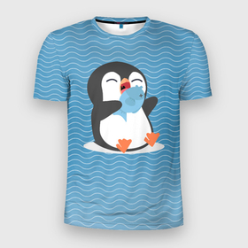 Мужская футболка 3D спортивная с принтом Пингвин в Тюмени, 100% полиэстер с улучшенными характеристиками | приталенный силуэт, круглая горловина, широкие плечи, сужается к линии бедра | ест рыбу | морские | океан | пингвин | пингвинчик | рыба | рыбку
