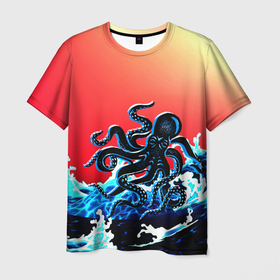 Мужская футболка 3D с принтом Кракен в Море | Градиент в Екатеринбурге, 100% полиэфир | прямой крой, круглый вырез горловины, длина до линии бедер | animal | beast | fade | kraken | monster | moon | ocean | octopus | sea | water | waves | вода | волны | градиент | животные | звери | кракен | луна | монстр | море | океан | осьминог | рыбы | щупальца