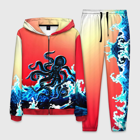 Мужской костюм 3D с принтом Кракен в Море | Градиент в Екатеринбурге, 100% полиэстер | Манжеты и пояс оформлены тканевой резинкой, двухслойный капюшон со шнурком для регулировки, карманы спереди | animal | beast | fade | kraken | monster | moon | ocean | octopus | sea | water | waves | вода | волны | градиент | животные | звери | кракен | луна | монстр | море | океан | осьминог | рыбы | щупальца