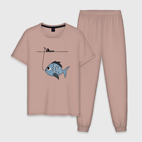 Мужская пижама хлопок с принтом Огромный улов , 100% хлопок | брюки и футболка прямого кроя, без карманов, на брюках мягкая резинка на поясе и по низу штанин
 | крючок | лодка | рыба | рыбак | рыбалка | удочка