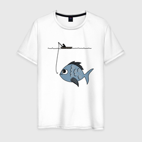 Мужская футболка хлопок с принтом Огромный улов в Белгороде, 100% хлопок | прямой крой, круглый вырез горловины, длина до линии бедер, слегка спущенное плечо. | крючок | лодка | рыба | рыбак | рыбалка | удочка