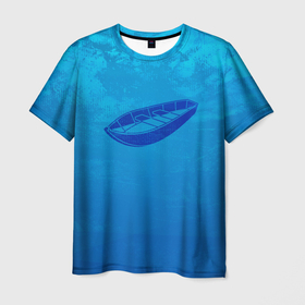 Мужская футболка 3D с принтом Одинокая Лодка в Курске, 100% полиэфир | прямой крой, круглый вырез горловины, длина до линии бедер | лодка | морское | на синем | одинокая лодка | судно