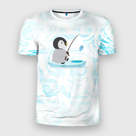 Мужская футболка 3D Slim с принтом Пингвин рыбачит в Кировске, 100% полиэстер с улучшенными характеристиками | приталенный силуэт, круглая горловина, широкие плечи, сужается к линии бедра | fish | fishing | ловит рыбу | пингвин | рыба | рыбалка | рыбачит