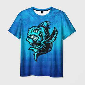Мужская футболка 3D с принтом Пиранья в Новосибирске, 100% полиэфир | прямой крой, круглый вырез горловины, длина до линии бедер | fish | piranha | живность | морская | на синем | пиранья | рыба