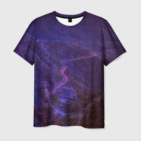 Мужская футболка 3D с принтом НЕОНОВАЯ ДОРОГА , 100% полиэфир | прямой крой, круглый вырез горловины, длина до линии бедер | Тематика изображения на принте: neon | tegunvteg | горы | деревья | дорога | лес | неон | природа | холмы