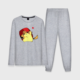 Мужская пижама с лонгсливом хлопок с принтом Пикачу под бейсболкой ,  |  | anime | picachu | pikachu | аниме | милый | пика | пикачу | покебол | покемон