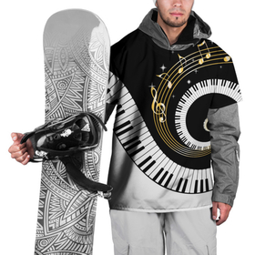 Накидка на куртку 3D с принтом МУЗЫКАЛЬНЫЙ УЗОР , 100% полиэстер |  | black and white | gold | music | notes | piano | звуки | золото | клавиши | красота | музыка | ноты | рояль | спираль | узор | черно белое