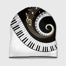 Шапка 3D с принтом МУЗЫКАЛЬНЫЙ УЗОР в Новосибирске, 100% полиэстер | универсальный размер, печать по всей поверхности изделия | black and white | gold | music | notes | piano | звуки | золото | клавиши | красота | музыка | ноты | рояль | спираль | узор | черно белое